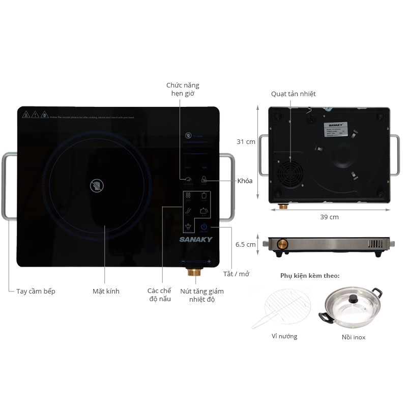 Bếp hồng ngoại cao cấp SanakySNK-2524HGN tặng nồi lẩu & vỉ nướng (Mới 100% - Bảo hành 12 tháng chính hãng)