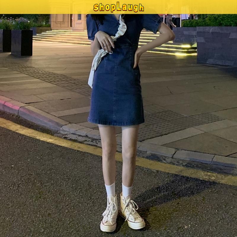 Blue denim dress retro bubble sleeve slim fit waist solid color thin medium length skirt small V-neck