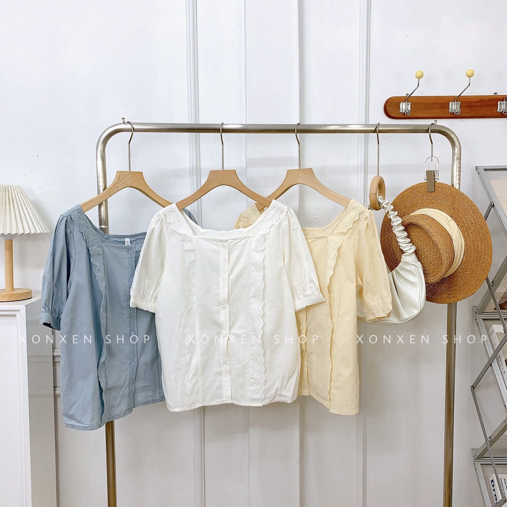 ÁO KIỂU NỮ áo cổ vuông phối ren dễ thương XONXEN SHOP freesize mã 3361