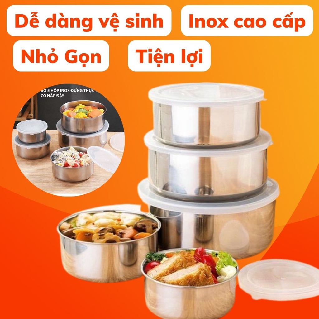 Bộ 5 Thố inox đựng thực phẩm - Hộp đựng thức ăn tiện lợi trong gia đình có nắp đậy - Gọn Nhẹ Thích hợp mang đi Dã ngoại