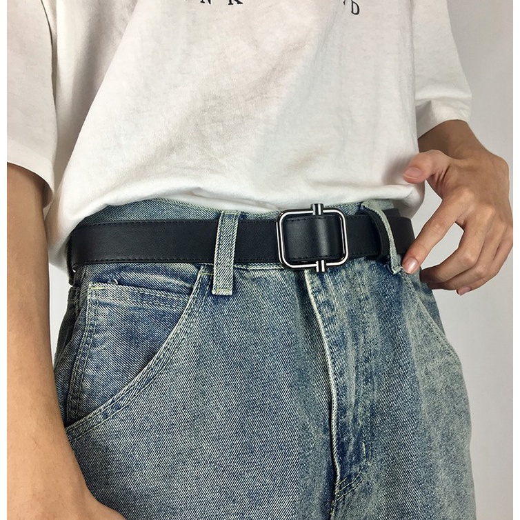 Thắt lưng nam nữ BROO bản nhỏ 3cm màu đen, dây nịt da ulzzang Hàn Quốc không cần lỗ bấm