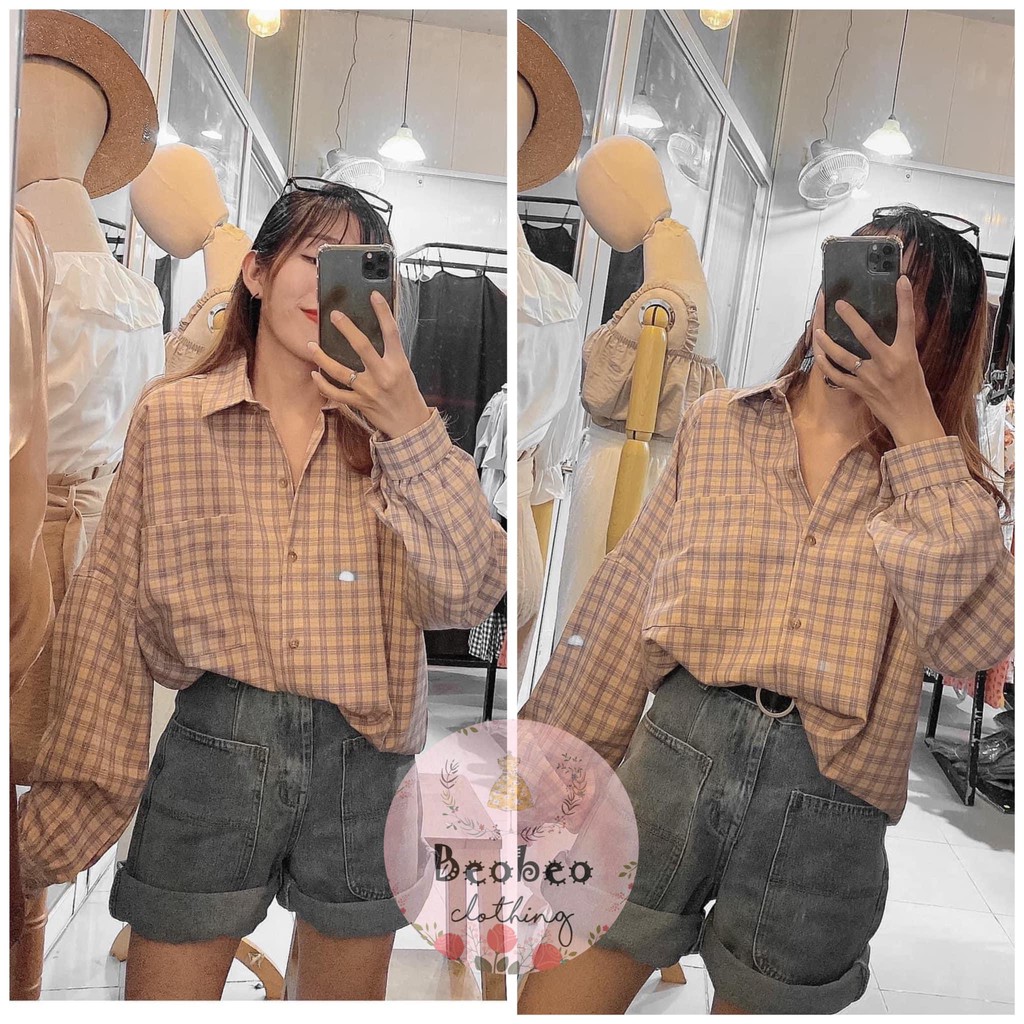 Áo sơ mi oversize sọc caro 4 màu pastel tay phồng