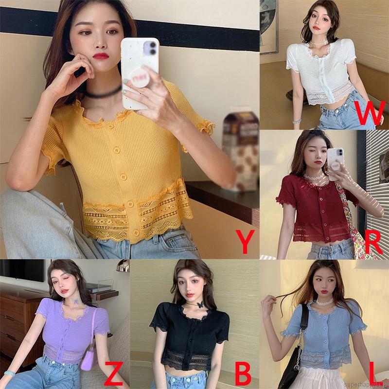 Áo Croptop Dệt Kim Tay Ngắn Phối Nút Thiết Kế Hợp Thời Trang