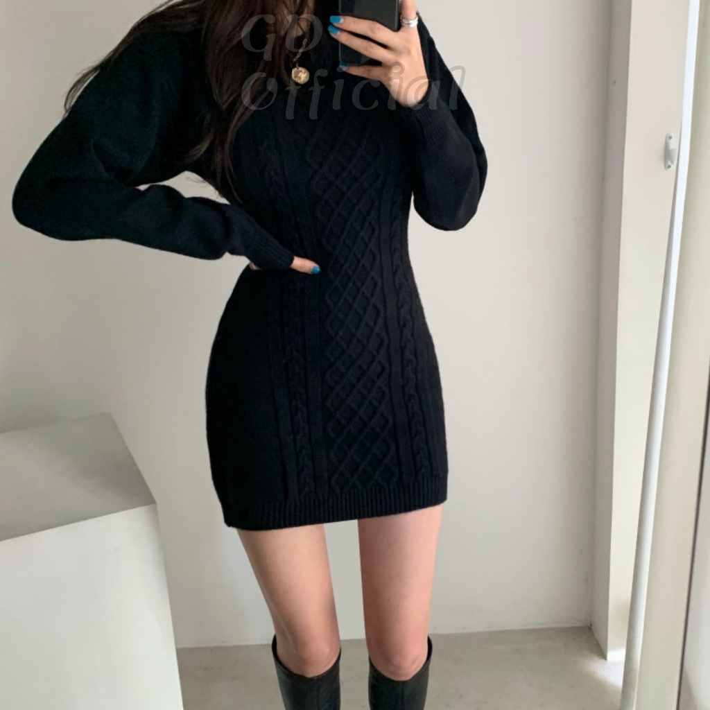 L62|Đầm len nữ cổ tròn dệt kim dài tay ôm body họa tiết vặn thừng dày dặn hở lưng màu be, đen GD Official