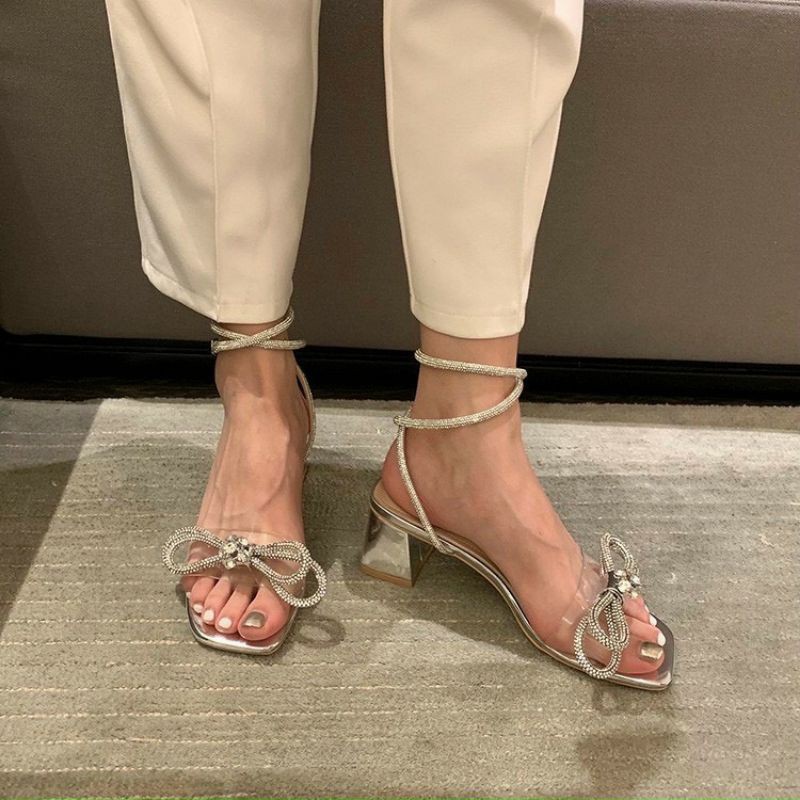 Sandal nữ cao 5cm quai đính đá lấp lánh tiểu thư sang chảnh