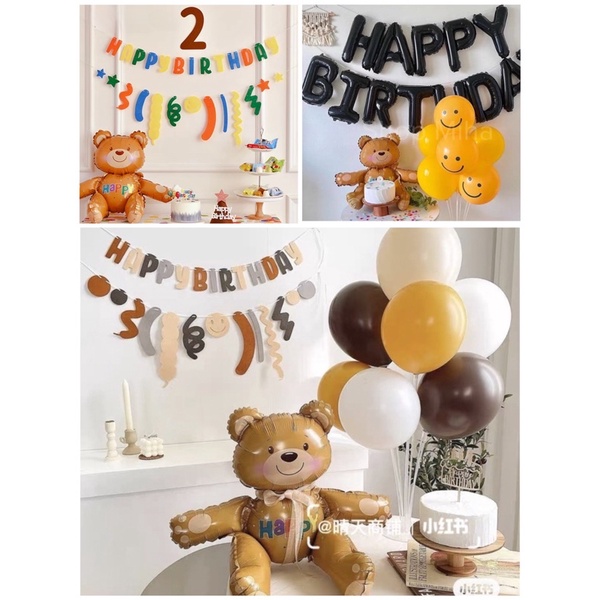 Set Bóng Gấu Nâu 4D, Gấu Ôm Bánh Hồng Và Xanh Trang Trí Sinh Nhật