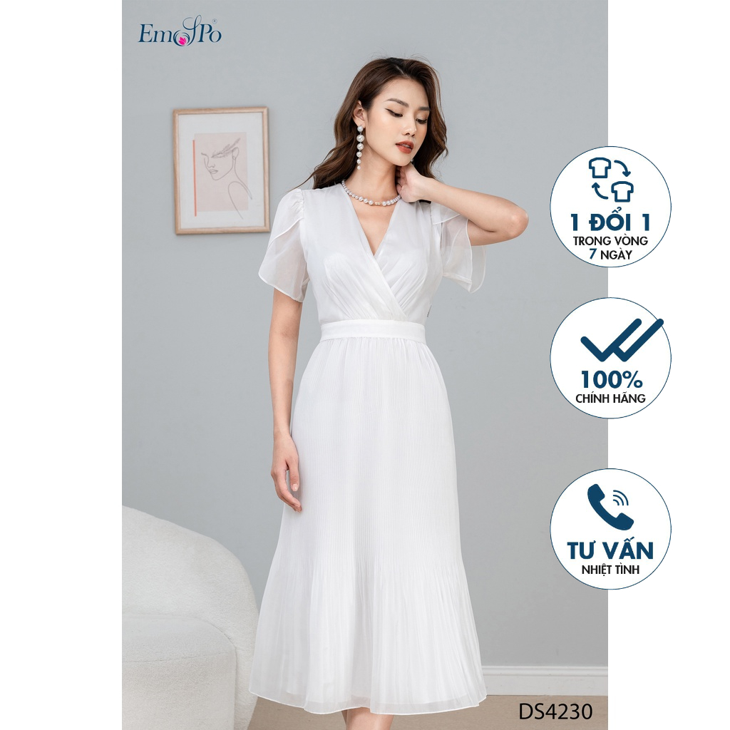 Đầm xòe Emspo cổ đắp chéo, chân váy xếp ly DS4230