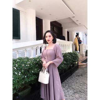 Váy tím nhạt cổ vuông tay bồng dài