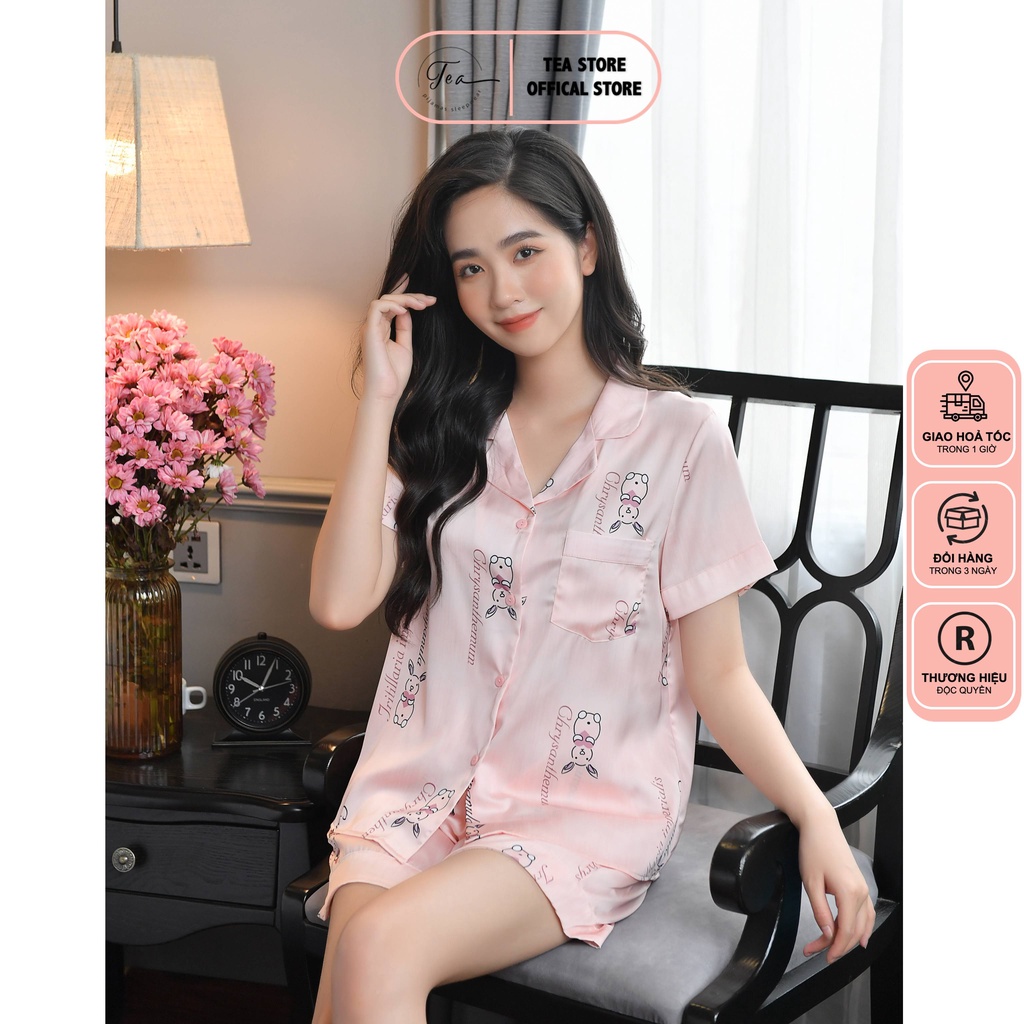 Bộ mặc nhà pyjama lụa cộc Tea Store họa tiết chữ hàng thiết kế