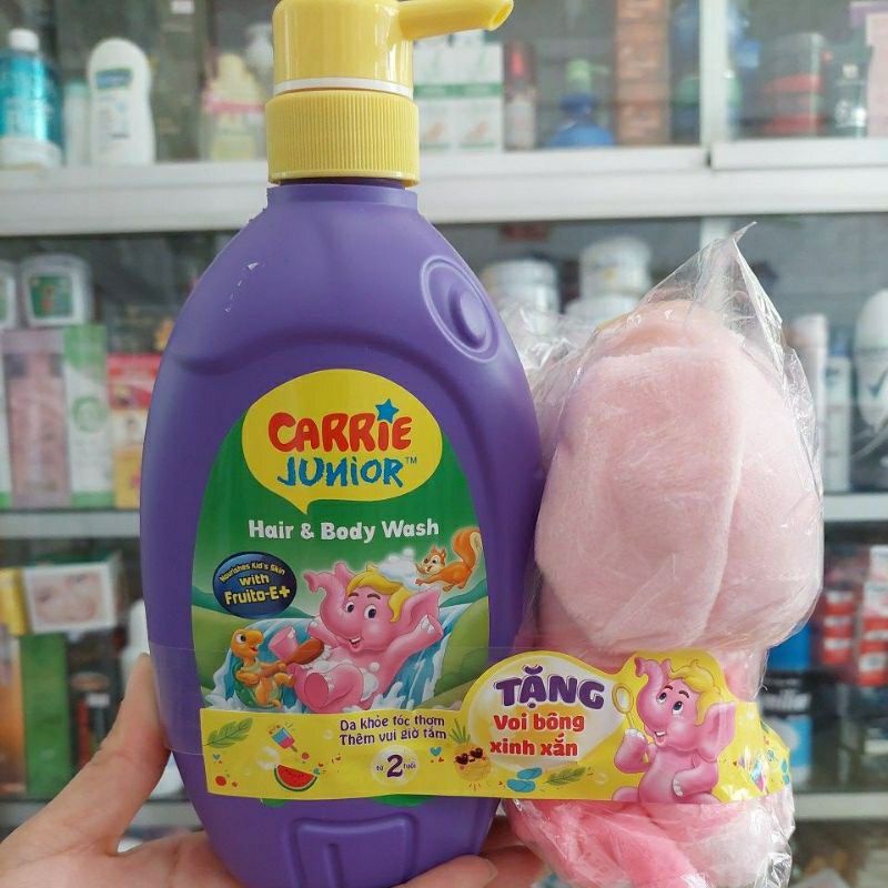SỮA TẮM GỘI TOÀN THÂN CHO BÉ CARRIE JUNIOR 700G TẶNG VOI BÔNG, NHẬP KHẨU MALAYSIA