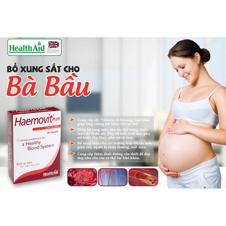 Haemovit Plus HealthAid – Hỗ trợ bổ sung Sắt cho bà bầu, người thiếu máu (lọ 30 viên)