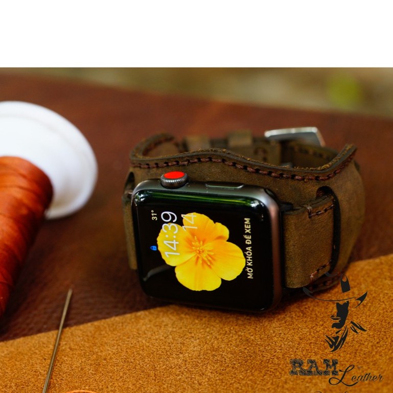 Dây Apple Watch , iWatch , iphone Watch da bò nâu đất kèm tấm đệm chống mồ hôi RAM Leather Bundstrap b2 kiểu quân đội
