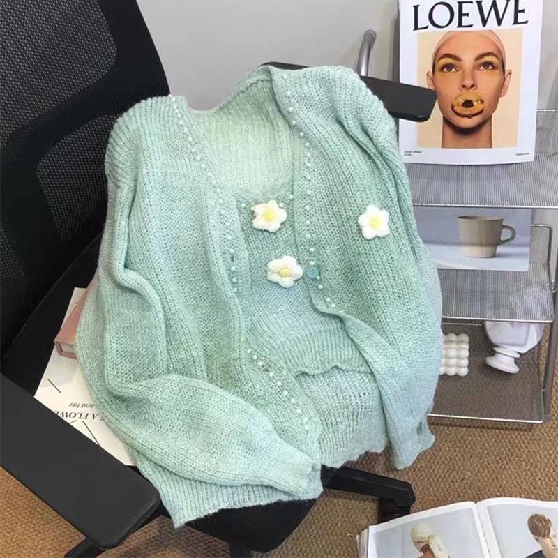 Sweet Soft Gradient Color Striped Knitted Cardigan Two-Piece Set Mori Style Small Flower Beaded Sweater Coat