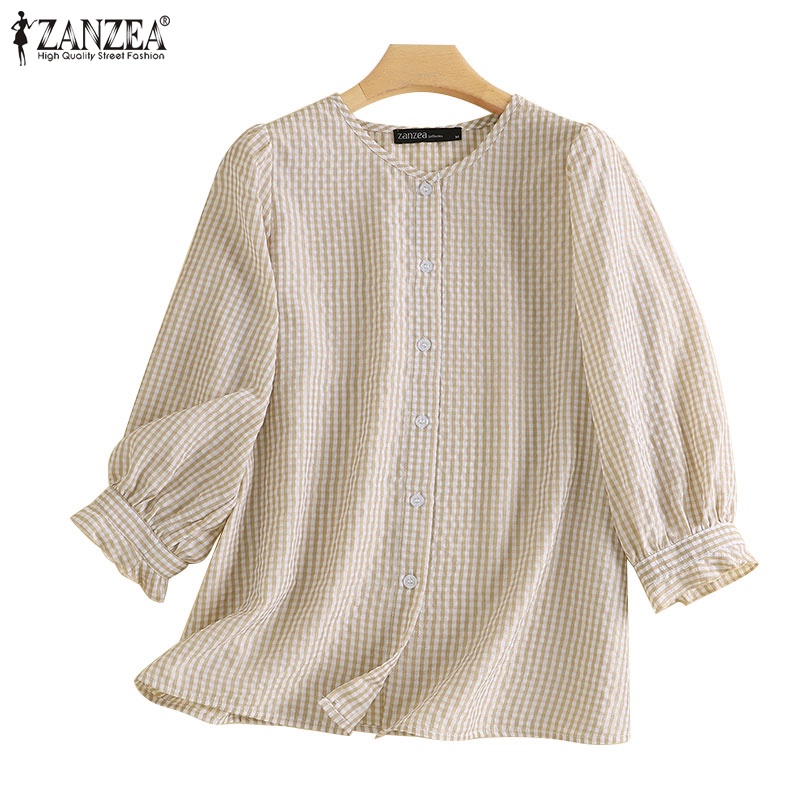 Áo sơ mi ZANZEA tay lửng dáng rộng họa tiết kẻ sọc phong cách vintage thời trang cho nữ