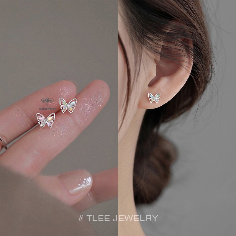 Khuyên tai bạc nữ TLEE mẫu cánh bướm đính đá ngũ sắc xinh xắn bạc cao cấp TleeJewelry B0230