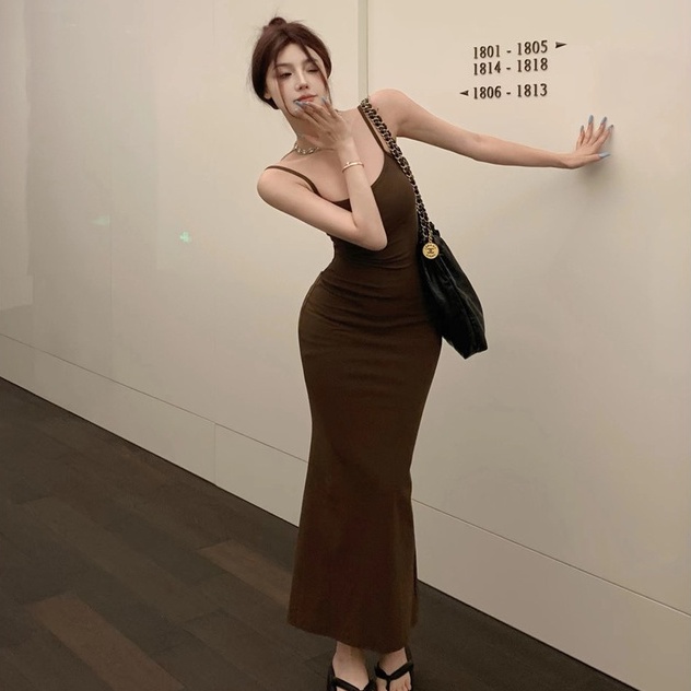 Đầm 2 Dây Body Sexy Dáng Dài Đuôi Cá Màu Kaki Phong Cách Âu Mỹ Đầm Nữ