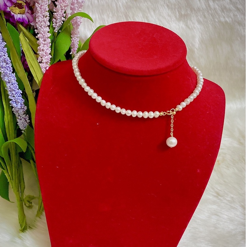 Vòng cổ chocker trai thật tự nhiên nước ngọt 3li bóng đẹp dáng ôm cổ khóa BẠC TA có tăng đơ điều chỉnh độ rộng