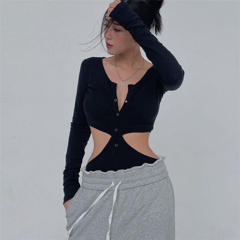 DUNEA Bodysuit tay dài hở lưng quyến rũ cho nữ