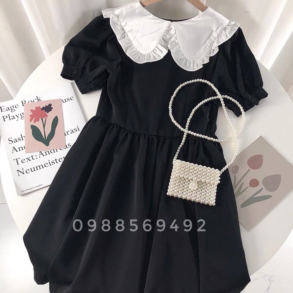 Váy bầu bigsize 40-100kg Váy Bầu Công Sở, Đầm Bầu Babydoll Đen Phối Cổ Trắng Đính Nơ MB246 [Video + ảnh thật ]
