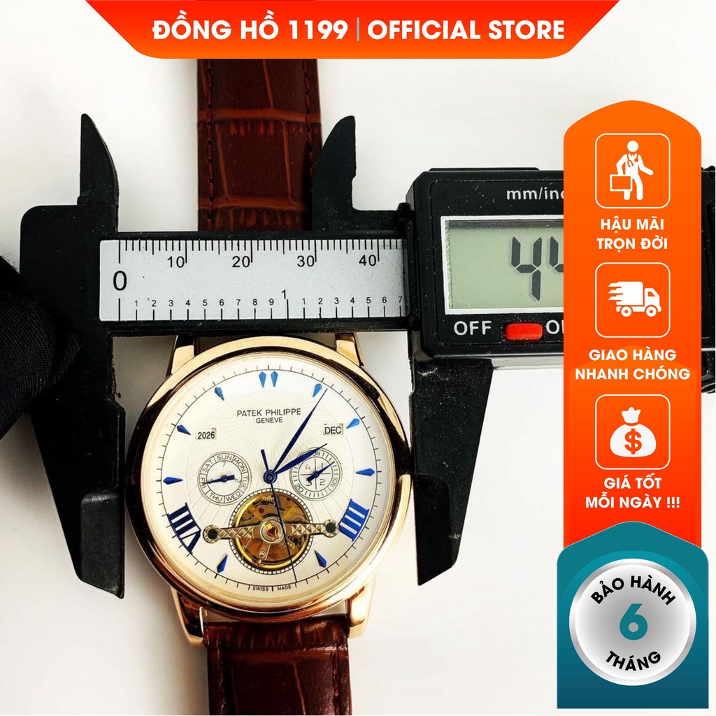 Đồng hồ cơ 1199WATCHES đồng hồ dây da nam 42mm size chuẩn chống nước chống xước dây da nâu 5089vx