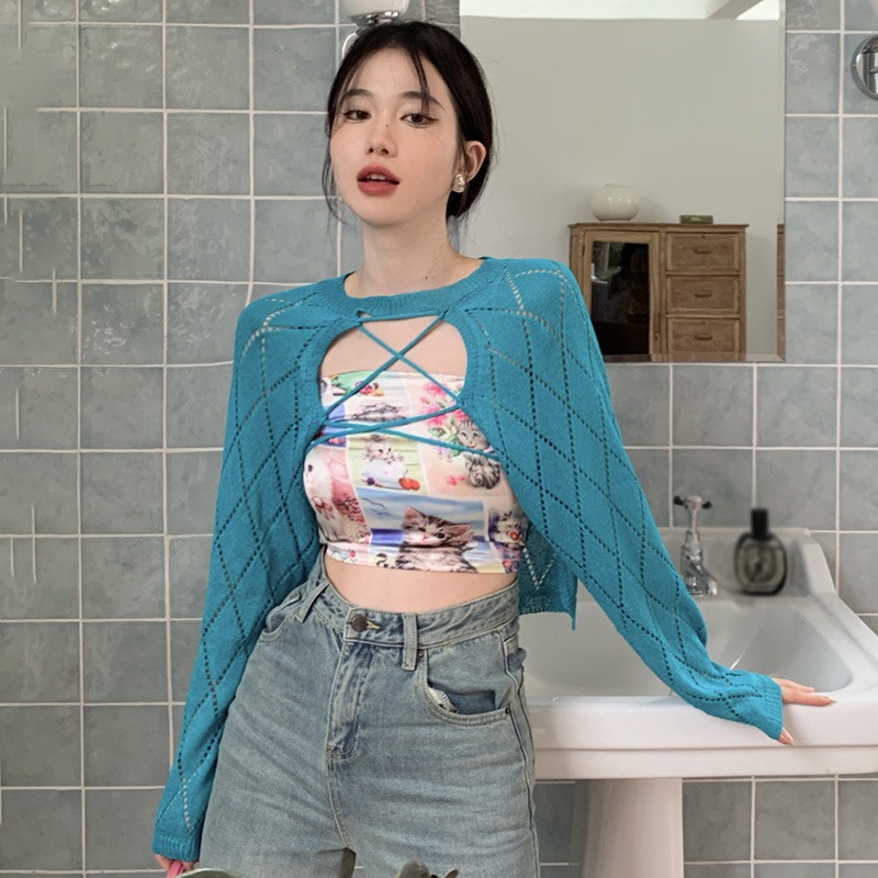 Bộ Áo Croptop Không Tay In Họa Tiết + Áo Dệt Kim Tay Dài Màu Trơn Thời Trang Cho Nữ