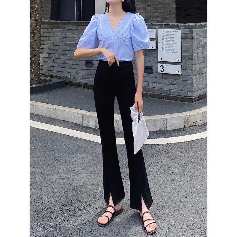 Quần ống loe xẻ gấu trước, quần tây suông ống vẩy xẻ tà li giữa cao cấp màu đen cho nữ KT81
