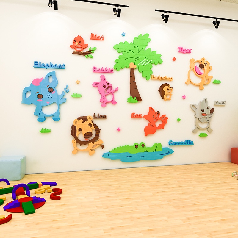 Tranh dán tường mica 3d decor Học tên các con vật Trang trí nhà trẻ, phòng cho bé, Tiếng Anh Nhiều Size - EPeBen