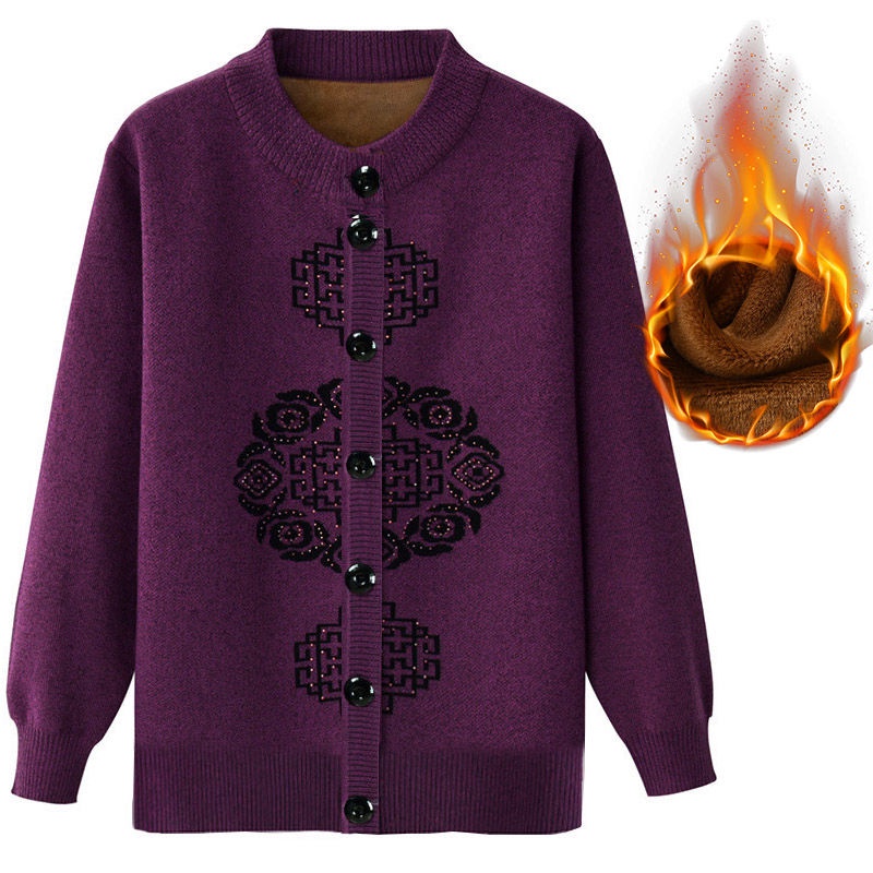 ◆⊙♚Phụ nữ cao tuổi mùa thu và đông áo len nhung bà già 60-70 đan cardigan dày khoác ấm áp