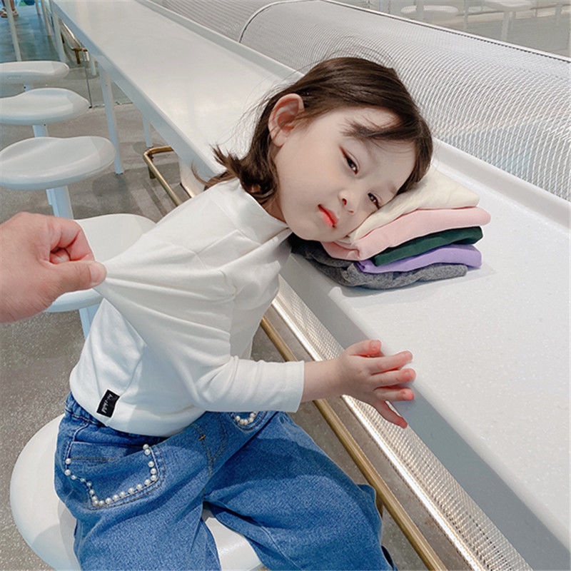 Áo thun tay dài cổ cao thiết kế thời trang tùy chọn màu sắc cho bé gái