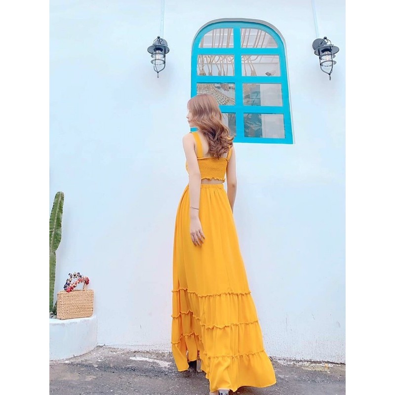 Đầm maxi hai dây nhún thun hở lưng nối tầng đi biển du lịch (Ảnh thật trãi sàn) | BigBuy360 - bigbuy360.vn