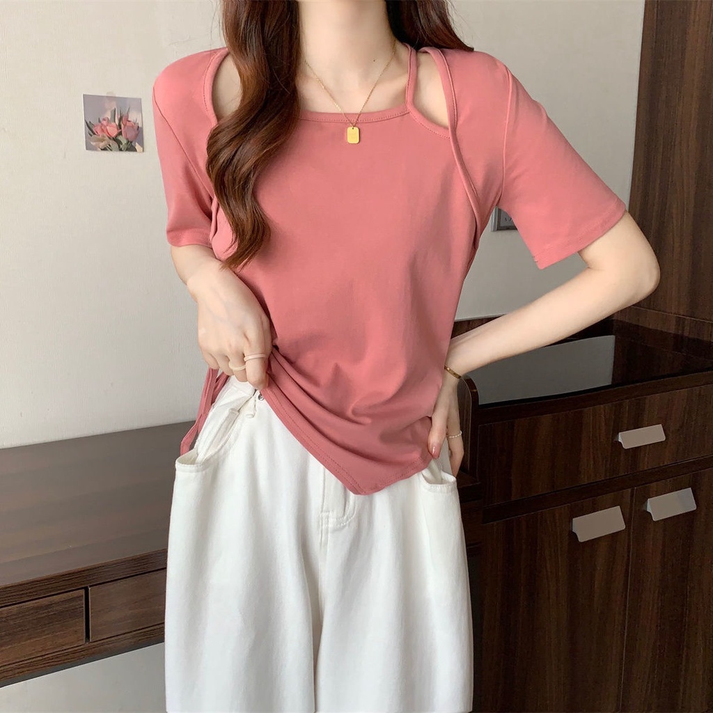 Áo thun tay ngắn giả hai lớp phối dây rút thời trang dành cho nữ JL-TX-117