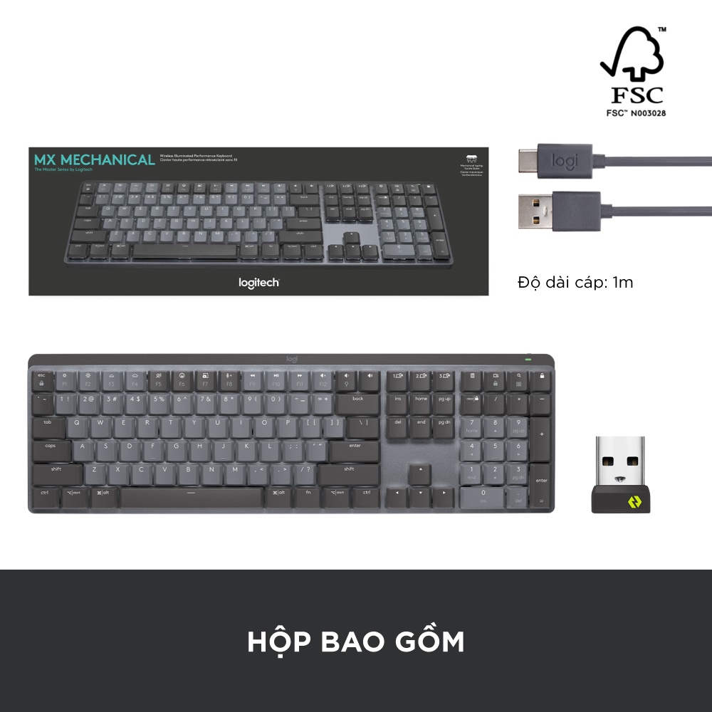 Bàn phím cơ không dây Logitech MX Mechanical – Tactile, chiếu sáng nền, sạc USB-C, mac OS | Win