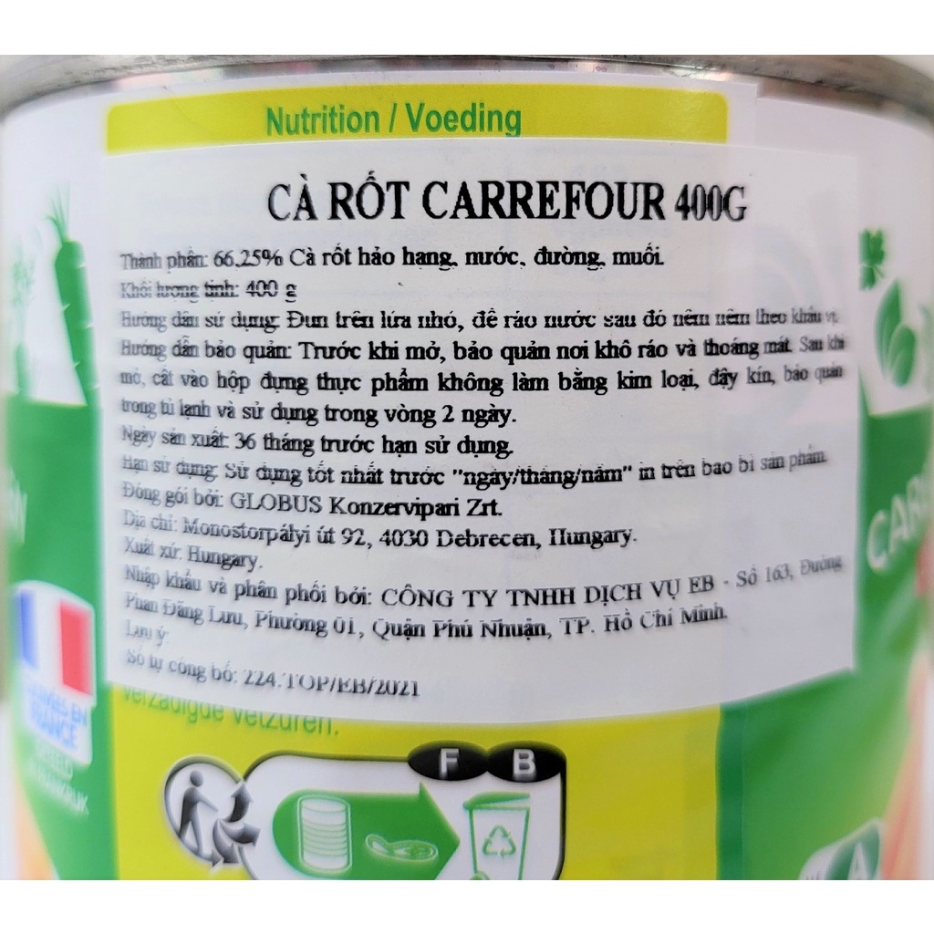 [Hộp 400g] CÀ RỐT ĐÓNG HỘP Classic [Hungary] CARREFOUR Carrot (atp)
