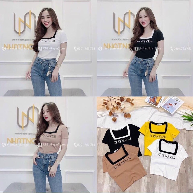 Áo croptop cổ vuông bo viền chữ never