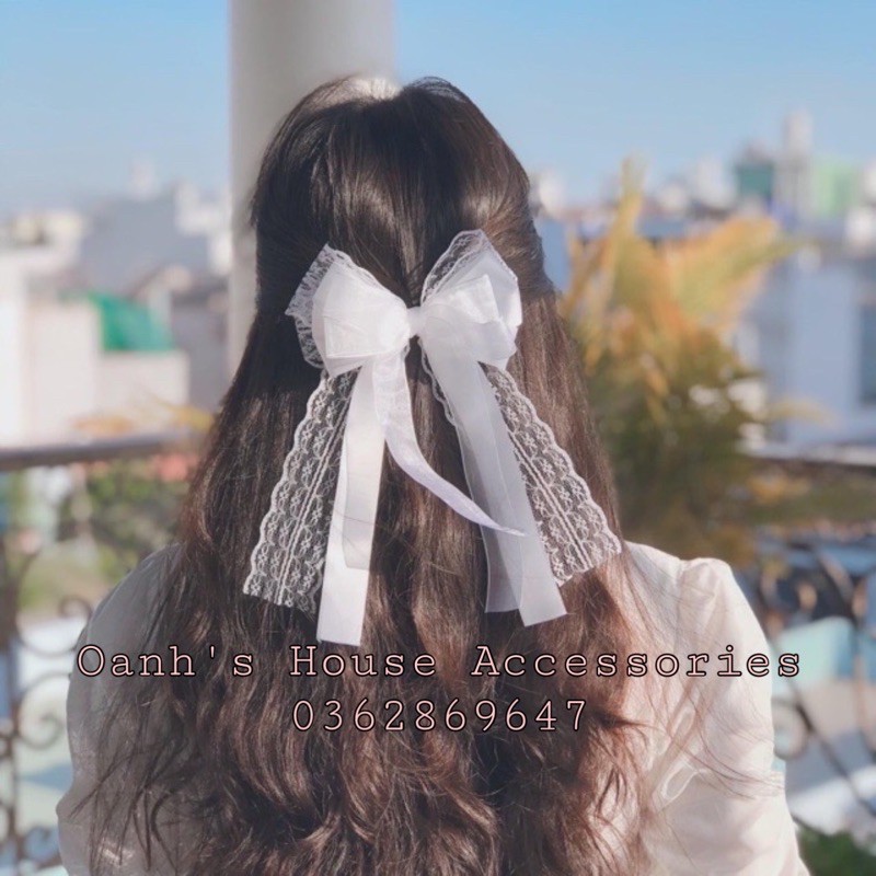 Kẹp nơ ren 3 tầng phối satin và voan