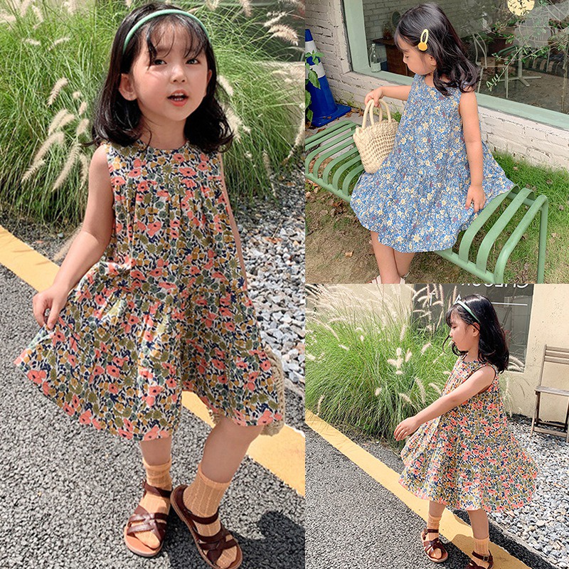 Đầm Chữ A Cổ Tròn In Họa Tiết Hoa Xinh Xắn Cho Bé Gái 3-8 Tuổi