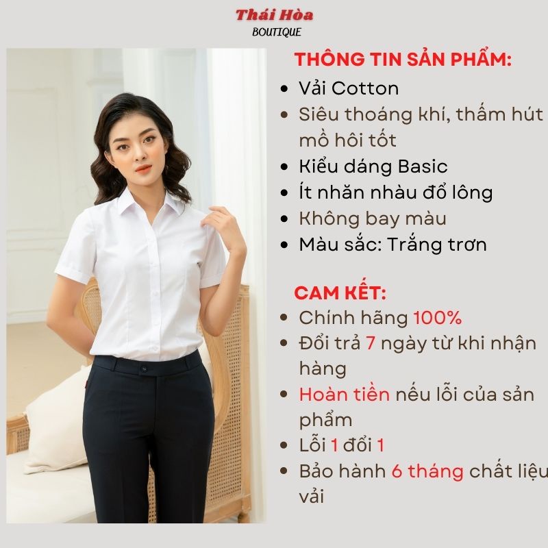 Áo sơ mi nữ tay ngắn bigsize trắng đẹp kiểu công sở cotton Thái Hoà N047-01-01