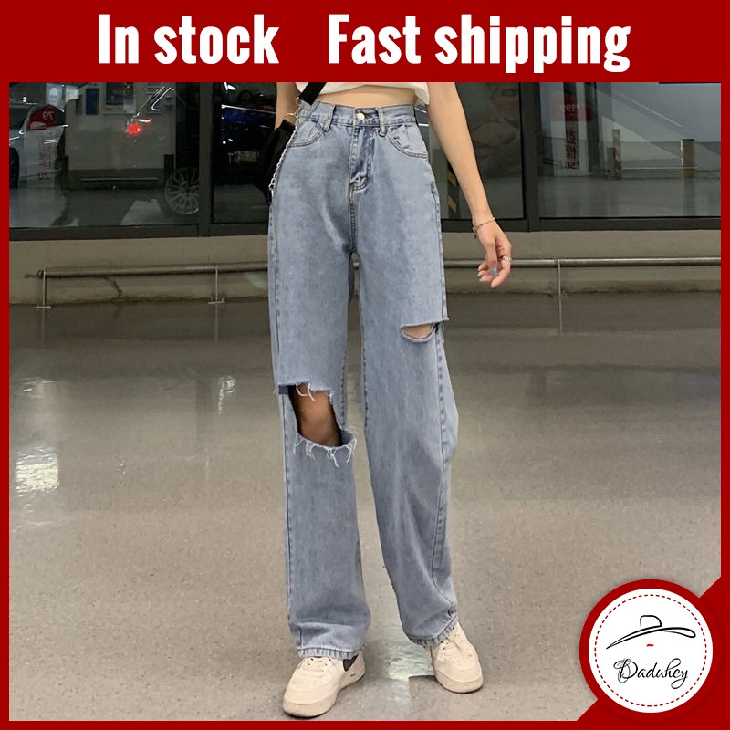 Quần jean DaDuHey mùa hè mới rách mỏng dáng rộng cạp cao thời trang