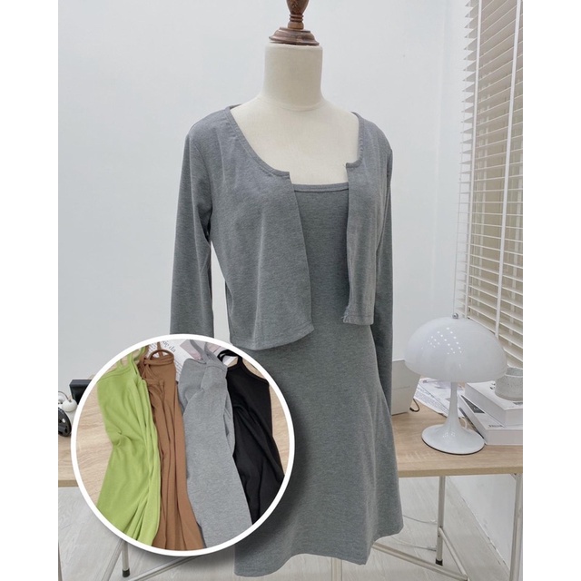 Sét váy 2 dây + kèm áo cardigan trơn - hàng có sẵn