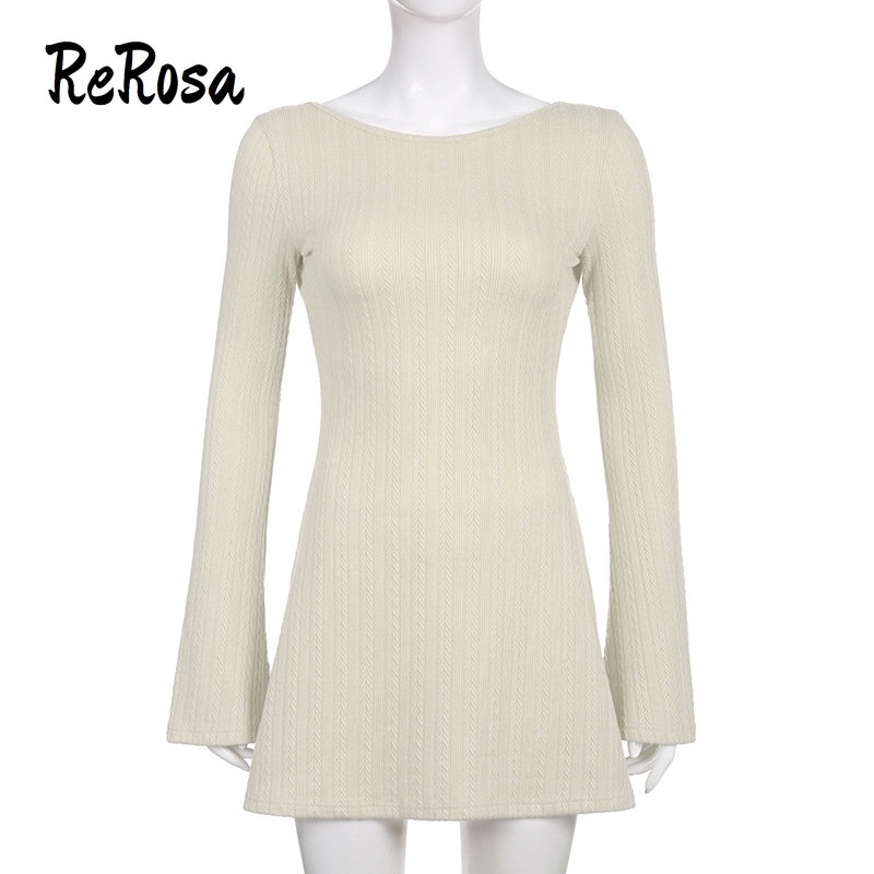 Rerosa Đầm Ôm Dài Tay Hở Lưng Màu Trơn Thời Trang Cho Nữ