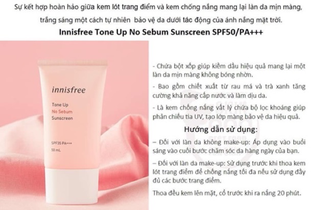 Kem Chống Nắng Innisfree Tone Up No Sebum Sunscreen SPF50 PA++++ (50ml) | BigBuy360 - bigbuy360.vn
