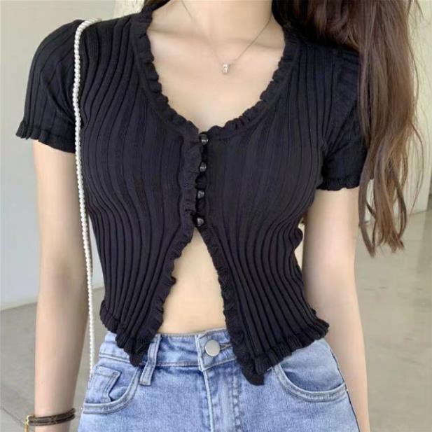 (Sẵn) 😍 Áo cổ tim ngắn tay xẻ vạt bụng điệu đà phong cách vintage  ྇