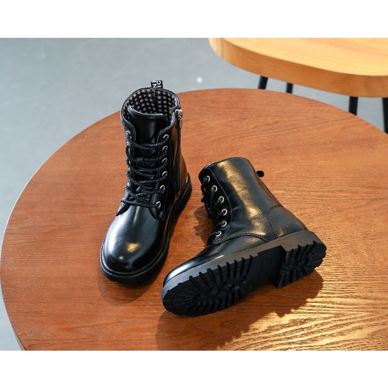Giày bốt kiểu dáng quân đội thời trang cá tính cho bé gái size 27-38 màu Đen Boots trẻ em da mềm đế êm phong cách mới