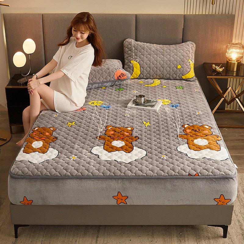 Bộ ga gối nỉ nhung Muji xuất khẩu cao cấp, ga giường được chần bông dày dặn, họa tiết mang phong cách hàn quốc
