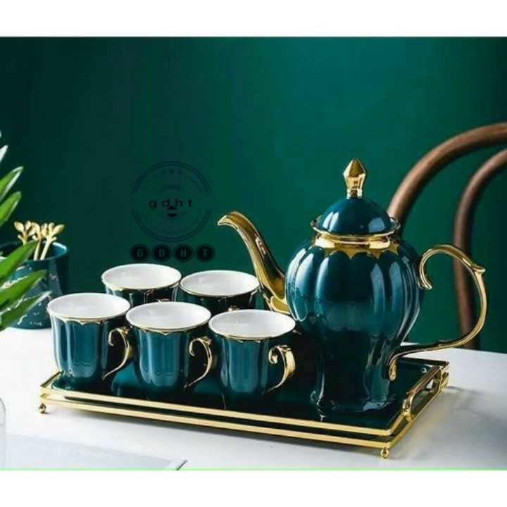 Bộ bình cốc xanh dáng cao kèm khay sang trọng cao cấp