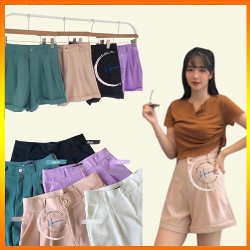 Quần Đùi Nữ Gập Gấu Ống Rộng Chất Vitex Cao Cấp Co Giãn Nhẹ Lưng Cao Hanva