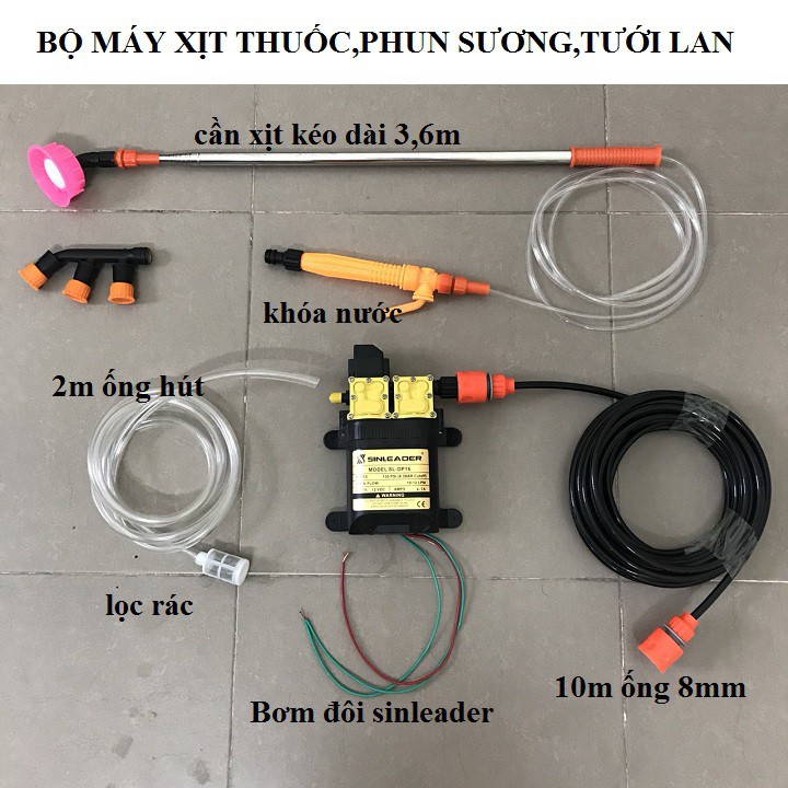 Bộ máy bơm mini phun tưới nước thuốc cho hoa lan và cây cảnh(combo bộ tưới lan bơm đôi 12v- cần rút 3,5m)