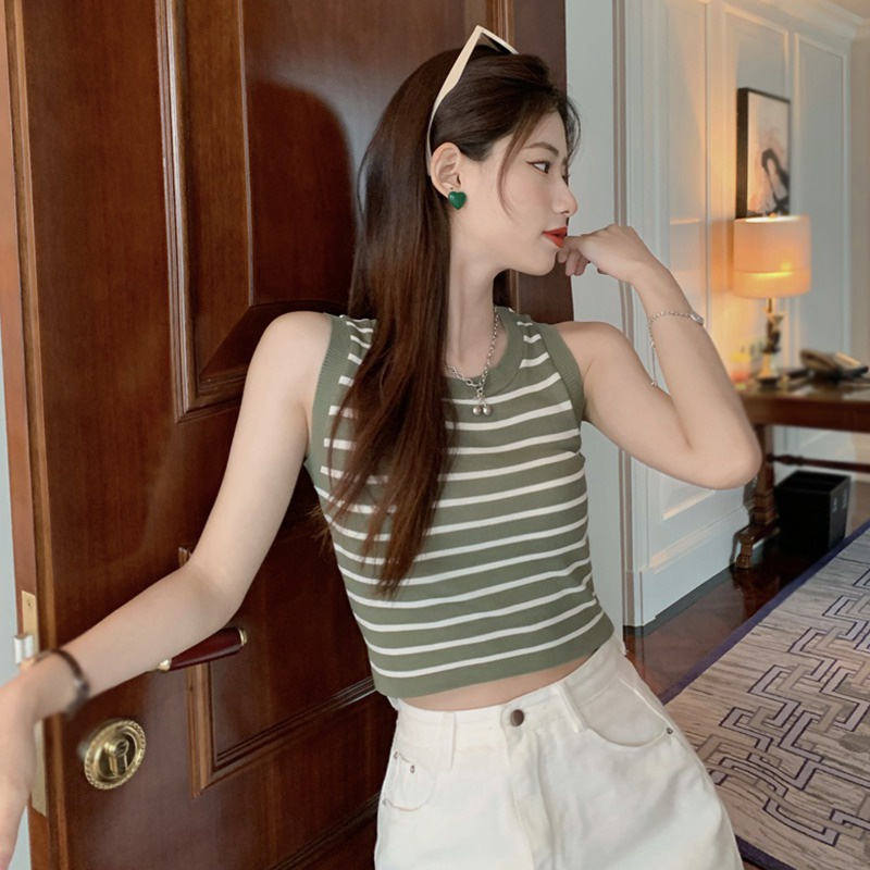 Áo len mỏng không tay cổ tròn dáng ngắn ôm sát thoáng mát họa tiết sọc ngang thời trang mùa hè Hàn Quốc cho nữ