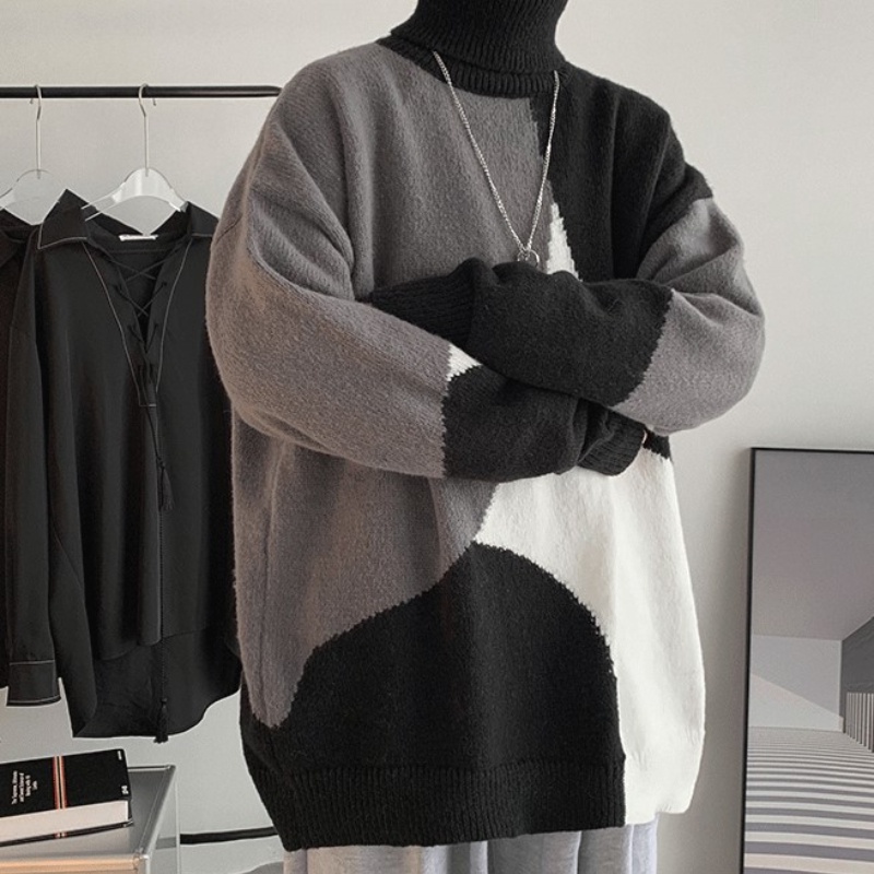 Áo sweater cổ cao dáng rộng giữ ấm thoải mái dễ phối trang phục thời trang cho nam size m-2xl
