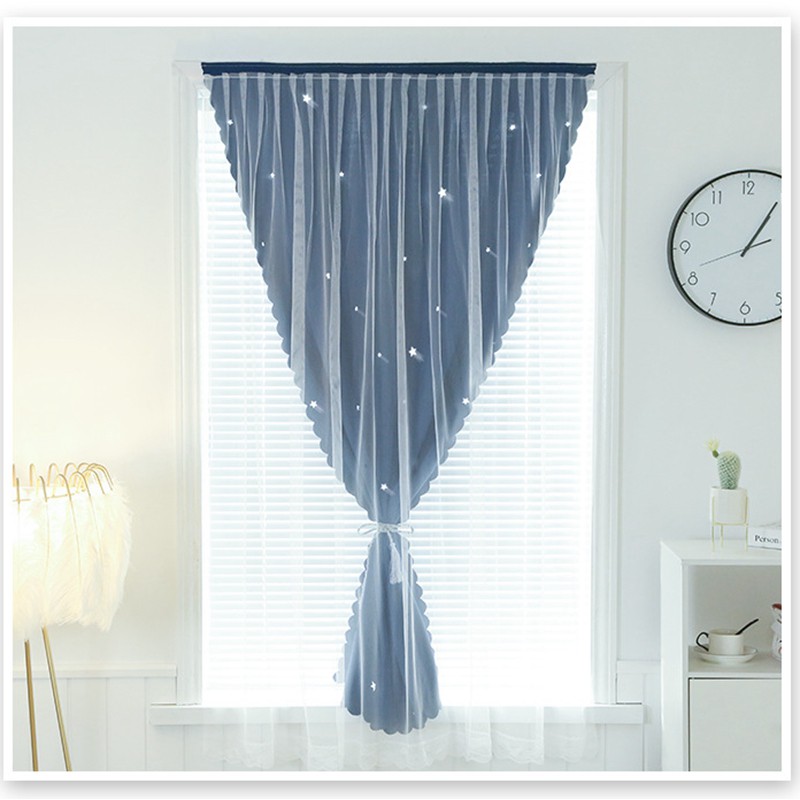 Grey Blue Star Curtains Window Self-adhesive Curtain thicken shading Cloth punch-Free Installation of Small Curtain for Bedroom